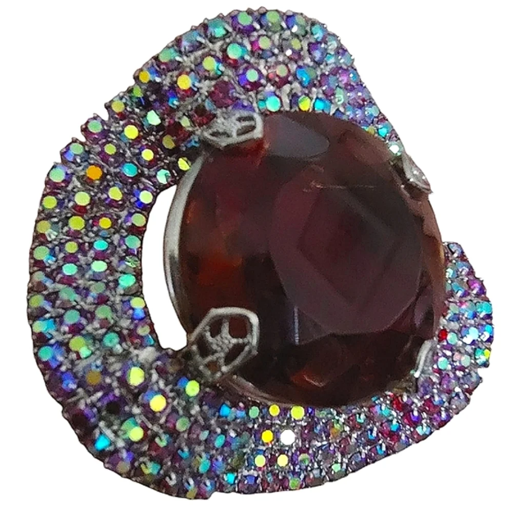 Vintage Wavy Silver Tone Topaz Red Givre Glass & AB Rhinestone Unsigned